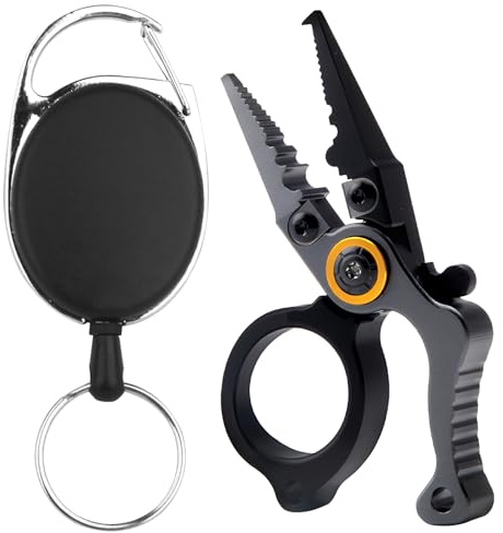 Mini Fishing Pliers,Portable Multi-Functional Fish Pliers Sea and Freshwater Fishing Multifunctional Tool with Tungsten Stainless Steel Cutter,Aluminium Handle,Safety Lock and Fly Fishing Retractor
