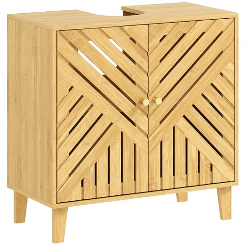 HOMCOM Mueble bajo Lavabo de Bambú, 2 Puertas Lamas 60x30x60 cm Natural