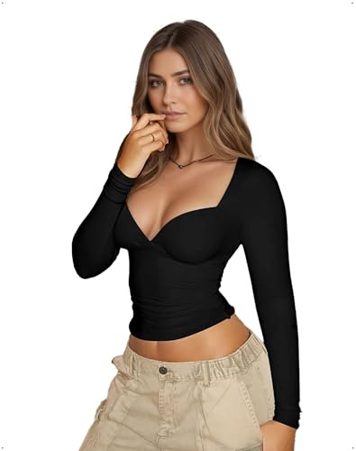 EMOTTOS Top Corti da Donna con Scollo a Cuore, Magliette Sexy da Donna Y2K con Maniche Lunghe Tagliate e vestibilità Slim, Magliette Aderenti per Discoteca, Nero, Taglie S