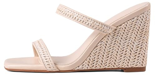 EQAUDES Slide Sandals Espadrilles Wedges for Women - Beige, Slip on, Open Toe, Beach Shoes, Summer, Dressy