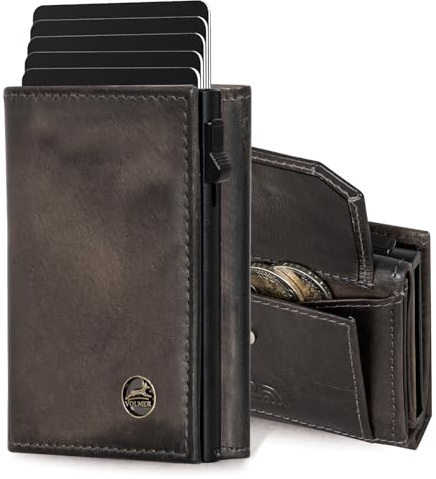 Fa.Volmer ® POP-UP Kartenetui mit Münzfach aus Echtleder für Herren & Damen | 11 Karten | RFID Schutz | Geldbörse (Basalt Grey, Großes Münzfach)