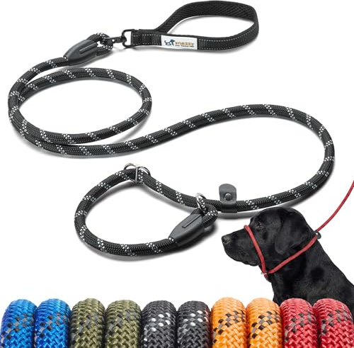 Snazzy Tails Freedom Pro Slip Rope Lead – No-Kink Swivel Handle, Figure-8 Halter for No-Pull Training, Metal Safety Stopper, Reflective, Premium Durable Rope Lead - Midnight Black 1.2cm x 2m
