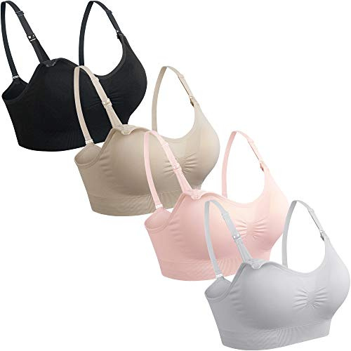 GXXGE 4Pack Womens Seamless Clip Down Maternity and Nursing Bra Push Up Sleeping Bralette for Breastfeeding Underwear Black Beige Grey Pink Medium