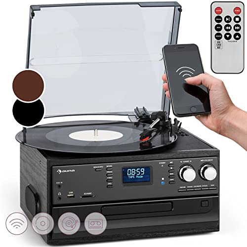 Auna Vinyl Record Player - Retro Vintage Bluetooth Turntable with Speakers, CD & AUX Inputs
