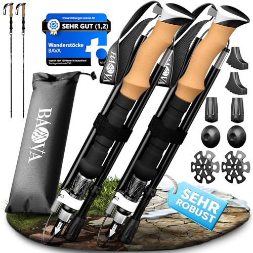 BAVA® Wanderstock Faltbar [36cm Packmaß] Verschiedene Aufsätze [Ultraleicht] EasyFold-System - Teleskop Verstellbar | Trekkingstöcke Nordic Walking Stöcke Damen und Herren -Wandern Hiking Outdoor