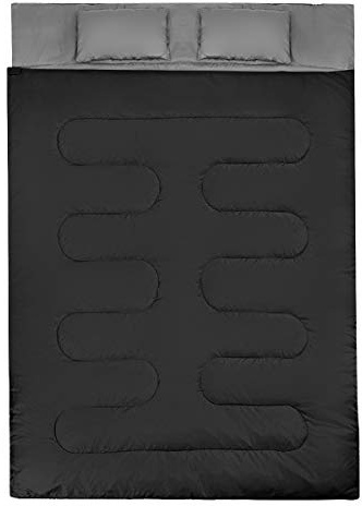 GYMAX Saco de Dormir Doble 2 en 1, con 2 Almohadas y Bolsa de Transporte, para 2 Personas, Ligero y Resistente al Agua, de 0 °C a 15 °C, para Camping, Senderismo, Viajes (Negro+Gris)