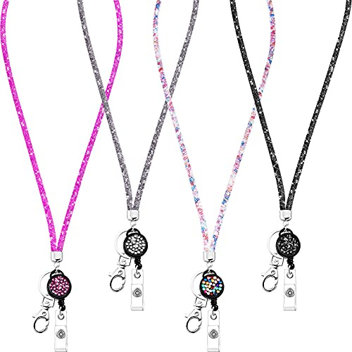 Frienda 4 Pcs Tour de Cou Porte-Badge Rétractable Cristal Bling pour Femme | Collier Porte-Carte Porte-Clef Lanière pour Clés Cartes d'Identité Bus Métro Étudiant Cadeau pour Femme Infirmière Maîtresse