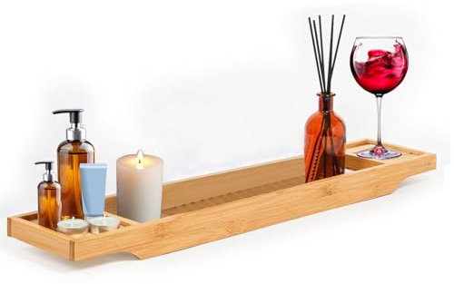 MantraRaj Bamboo Bath Caddy Tray Bridge Natural Wooden Bathtub Tray Rack Tidy Bath Rack Bath Accessories Bathroom Shelf Organizer Bath Table Bathroom Board Storage Bath Tub for Reading,Tablet
