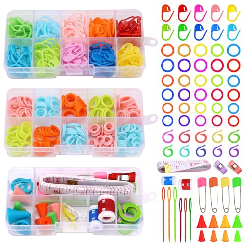 Doxiru 381 Pcs Stitch Markers for Crochet Knitting, Weaving Tools Knitting Kits Ring Markers Colorful Knitting Crochet Locking Counter Stitch Needle Clips with 3 Storage Boxes for Beginners Adults