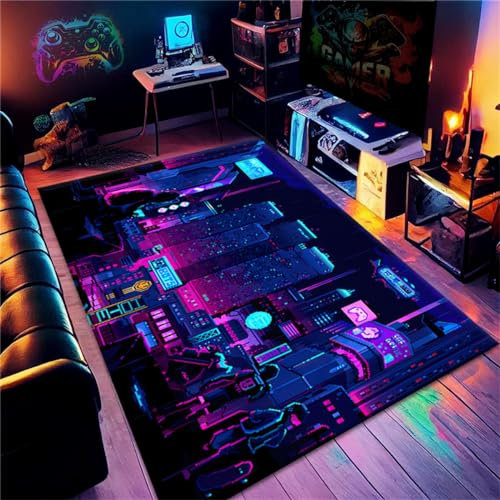 PEIHUODAN Gamer Teppiche, Moderne Tech Style Fußmatten, Visuelle Fun Gaming Teppiche Teen Rugs Play Mat rutschfeste Teppiche Für Wohnzimmer Schlafzimmer Spielzimmer Läufer (Colour 2,100x150cm)