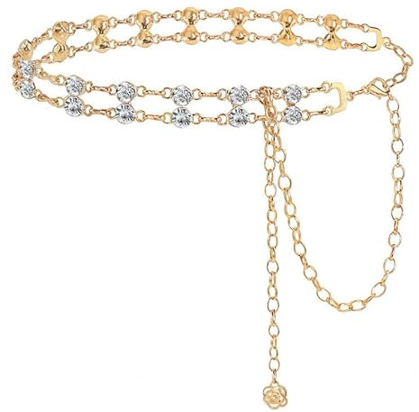 Guiguishiny Cinturón de Cadena para Mujer Larga Cadena de Cintura de Cristal Cinturón de Diamantes Cadena de Cintura Ajustable Cadena de Cadera para Vestidos Jeans Cadena de Cintura
