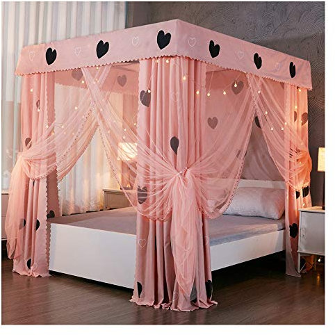 4-Eckpfosten-Prinzessin-Bettvorhang-Baldachin für Mädchenbettdekoration, luxuriöses, Elegantes Moskitonetz mit 3 Öffnungen für Kingsize-Bett und großes Queensize-Bett (Größe: 180 × 220 × 200