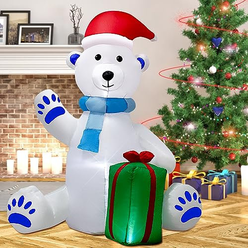 5ft Christmas Inflatable Polar Bear Decoration with Built-in LED Lights – Indoor/Outdoor Xmas Decor for Garden, Yard, Party (Weatherproof, Easy Setup)