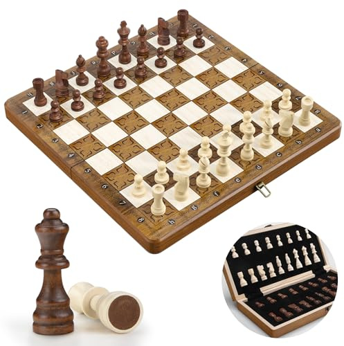 Sarr Klith Chess Set for Kids Adults, 12'' Wooden Chess Board, Handmade 32 Chess Pieces & 2 Extra Queen, Folding Travel Chess Set with Storage Slots, Board Game for Tournament Professional Beginner