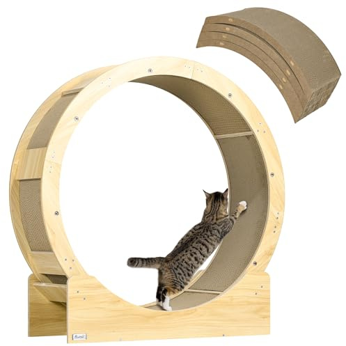 PawHut Roue d'exercice pour Chat 91 cm, exerciseur de Roue de Chat avec Frein, Lot de 4 Planches à gratter remplaçable, pour Course Marche entraînement Marron et chêne