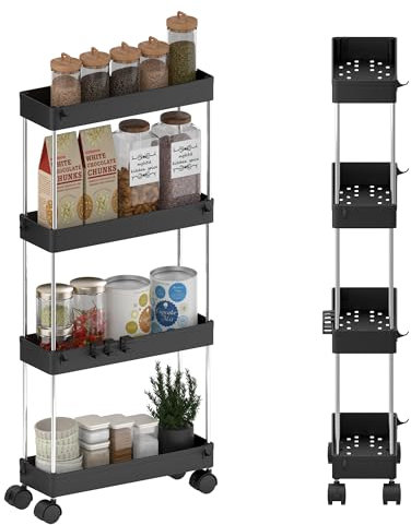 GOOPOOL Küchenwagen mit 4 Ebenen, Rollwagen Schmal, Küchenregal, Nischenregal, 360° drehbare Räder Arretierbar, Badregal Aufbewahrungswagen für Küche Badezimmer, Küche, Büro, mit 11 Haken, Schwarz