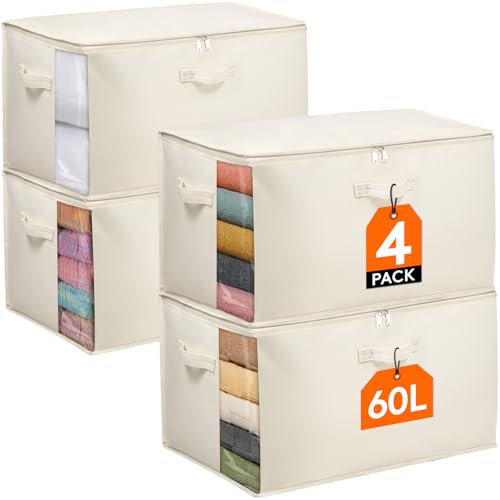 Lifewit Set di 4 Scatole per Vestiti 60L, Organizer Armadio Pieghevole con Finestra Trasparente, Scatole per Armadio Rigide, Contenitori Salvaspazio in Cotone per Lenzuola, Coperte e Trasloco, Beige