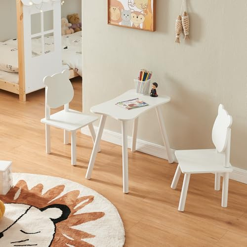 [en.casa] Conjunto Infantil de Mesa y 2 Sillas Panjang Respaldo en Forma de Osito Juego Elegante de 3 Piezas para Niños y Niñas Madera de Pino - Blanco