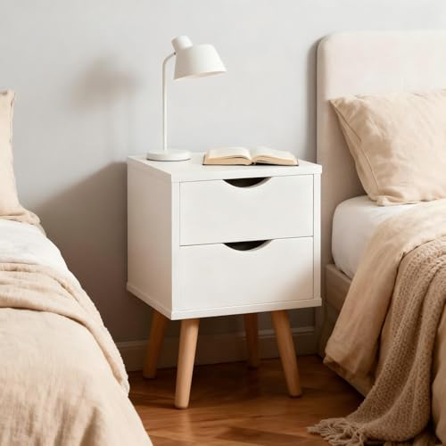 Warmiehomy Bedside Table with 2 Drawers Bedside Storage Cabinet with Solid Wooden Legs White Nightstand Sofa Side Table End Tables for Bedroom Living Room Home Furniture 30x30x46cm