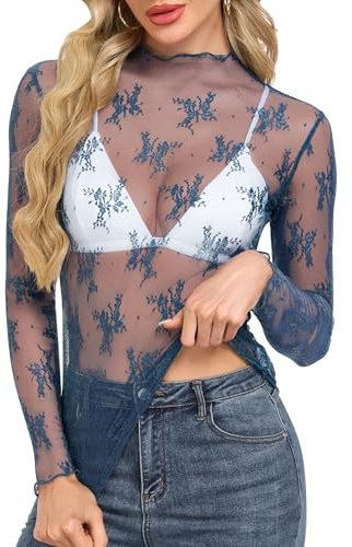 WNEEDU Sexy Tee Shirt en Dentelle Voile Femme à Manches Longues Blouse en Résille Transparent Chemiser Chic et Élégant T-Shirt col à Volants Bleu foncé L