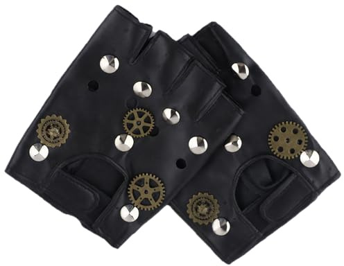 Floatdream 2 Pezzi Guanti da Pelle Senza, Rivetti A Ingranaggi Gotici, Equitazione All'Aperto, Guanti punk da spettacolo, Adatto per Ragazzi, Ragazze (Nero)