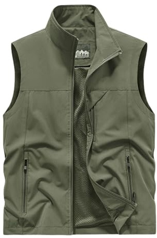 DFEK Men's Fishing Safari Utility Vest Lightweight Quick Dry Cargo Military Gilets Sleeveless Photography Hunting Camping Waistcoat Outdoor Travel Sleeveless Jacket with Pockets(A Army Green,3XL)