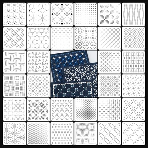 JOYOLA 32pcs Plastic Sashiko Stencil Kit, Geometric Simple Sashiko Embroidery Template, 5.1 X 5.1 Inch Plastic Stencils for Geometric Patterns, Hand Quilting, Sewing and Textile Design