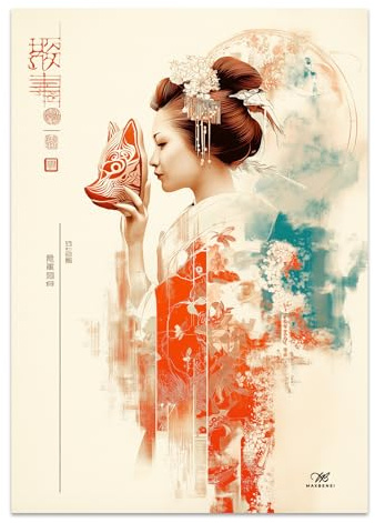 Generico La Geisha e la Maschera Kitsune – Stampa Artistica Giapponese Moderna – Formato A3 (30x42 cm) – Carta Fotografica Matte 230g – Poster Professional Inkjet (300 dpi) – Senza Cornice