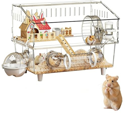 Jaula para hámster – Casa de chinchilla transparente de 2 capas – Jaula grande para hámster con botella de agua y baño, para observación de animales, hogar Guinea, mascotas pequeñas, interiores y