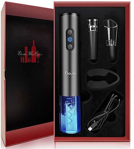 Flauno Cavatappi Elettrico Ricaricabile 6 in 1, Apribottiglie Elettrico Set con Taglia-Capsule, Tappo Sottovuoto per Vino, Aeratore e Versatore per Vino, Cavo USB, Regalo per gli Amanti del Vino