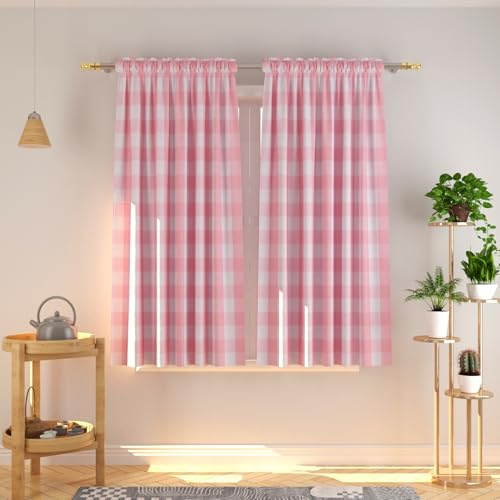 Natus Weaver Cortinas a Cuadros Escoceses, Rosa y Blancos, algodón, 136 cm de Largo, para Ventana, Cocina, Sala de Estar, Dormitorio, Dobladillo para Barra, 2 Paneles
