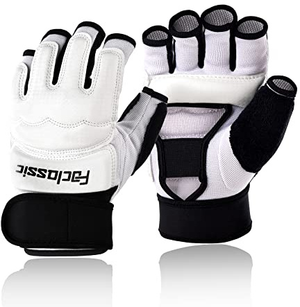 FOCLASSIC Taekwondo Sparring Gloves Taekwondo Karate Gloves WTF Training Martial Arts Boxing TKD Punch Bag Mitts Fingerless Gloves for Women Men Kids (White, M)