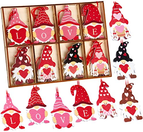 BRUBAKER 16-TLG. Dekoanhänger Love Zwerge Set - Holzanhänger ca. 6 cm - Herz Weihnachtsanhänger Liebe - Holz Deko Baumschmuck für Valentinstag, Weihnachten oder DIY Dekoration - Rot Pink