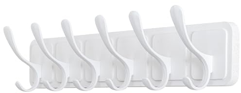 SKOLOO Perchero de pared de madera estilo Scandi, perchero con 6 ganchos para colgar abrigos, sombreros, ropa, bufandas, perchero de madera, todo blanco
