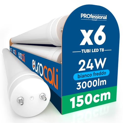 Eurocali 6 Tubes LED T8 24W 150cm G13 SMD avec Starter 3000 Lumen Garantie 3 Ans Lumière Froide 6500K Haute Luminosité 125 lmW Matériau Nano Plastic Remplacement Néon pour Plafond Garage Magasin