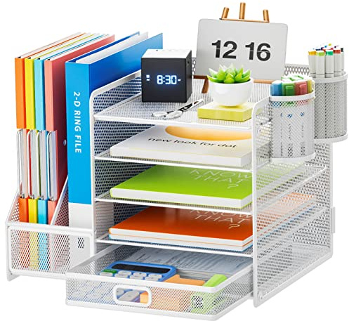 Marbrasse Organizer Scrivania,Porta Documenti Scrivania Rete Metal,5 Comparti Porta Organizzatore Scrivania Cassetto con 2 Portapenne,per Casa Ufficio(Bianco)