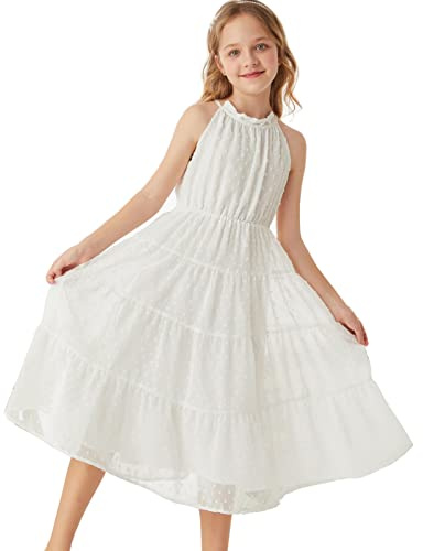 GRACE KARIN Filles Robe Douce Princesses Une Ligne Maxi Casual Fête Festive Mariage Vêtements pour Enfants 14 Ans Blanc