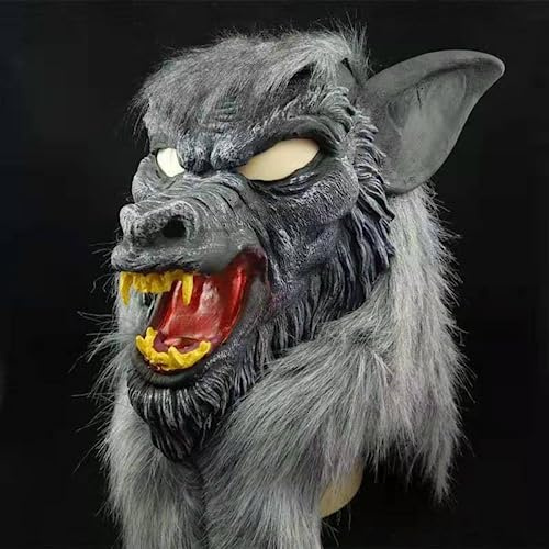 KARMOGSO Halloween Wolf Mask Party Cosplay Costume Werewolf Dress Up Mask,Horror Mask, Furry Full Face Mask, Headgear for Masquerade Pranks Party Realistic Haunted House Props Decor Costumes (Large)