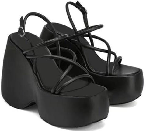 Ulalaza kvinnor plattform Mary Jane kil fladdermus hjärtkedja sandaler öppen tå ankel gotisk Lolita plattform klänning pumps skor tjocka plattformsskor patentläder finskor, S10-svart, 38.5 EU