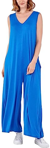 STAR FASHION Ärmlös enfärgad V-ringad jumpsuit lång och lätt bekväm för sommar strandfest vardagsbruk damer vida ben sparkdräkt overaller UK en storlek 30 till 45, Kungsblå, en storlek