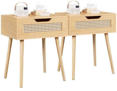 Yaheetech 2er Set Nachttisch Rattan Beistelltisch mit Schublade Nachtkommode Holzbeine Sofatisch Nachtkommode für Schlafzimmer/Wohnzimmer, Hellbraun