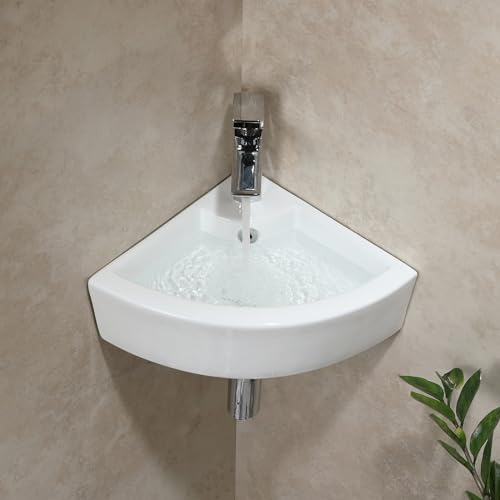 HOROW Corner Bathroom Sink, 18x 13 White Porcelain Wall Mount Corner Sink, Vessel Sink for Bathrooms