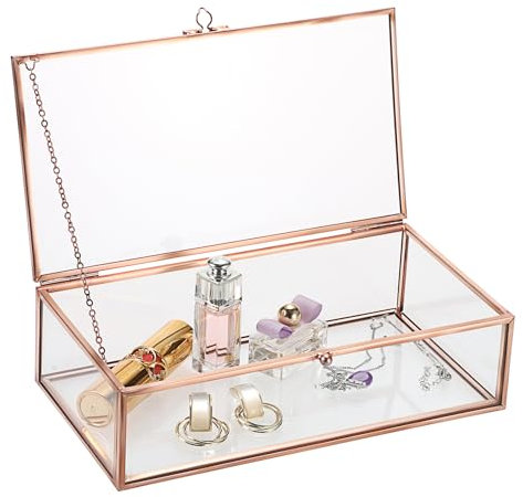 TOLIDA Large Vintage Glass Lidded Box - Rectangle Jewelry Display for Rings, Bracelets, Necklaces - Tabletop Storage (Rose Gold)