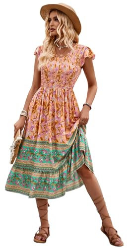 Longwu Summer Dresses for Women UK Ladies Floral Boho Dress Casual V Neck Elastic Waist Beach Midi Dresses Swing Sundress Orange-XL