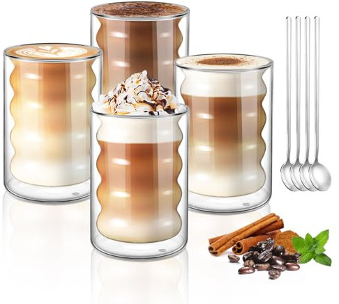 ecooe 350ml Doppelwandige Kaffeegläser Latte Macchiato Gläser 4er Set Einzigartige Spiralförmige Gläser, Doppelwandig Kaffeeglas Teegläser für Cappuccino,Tee, EIS, Milch, Geschenk für Frauen Freund/in