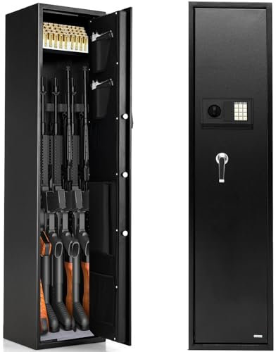 TANGZON 57’’/145cm Rifle Gun Cabinet, 5-Gun Long Gun Safe Box for Rifle & Shot Gun with Digital Keypad, Emergency Keys, Ammo Lockbox & Storage Pockets, Anti-Theft Gun Security Safe for Home Office