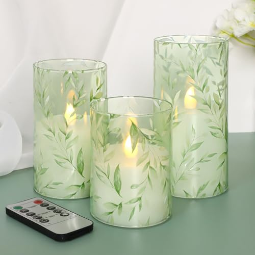 Immeiscent Glass Flameless Candles Green Decor Willow Leaves Vines Greenery Battery Operated LED Pillar Candles for Elegant Home Botanical Decor Special Occasions, Set of 3