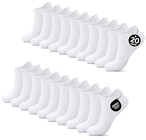 YouShow 20 Paar Sneaker Socken Herren Damen Kurz Sportsocken Atmungsaktive Baumwolle Laufsocken Weiß 43-46