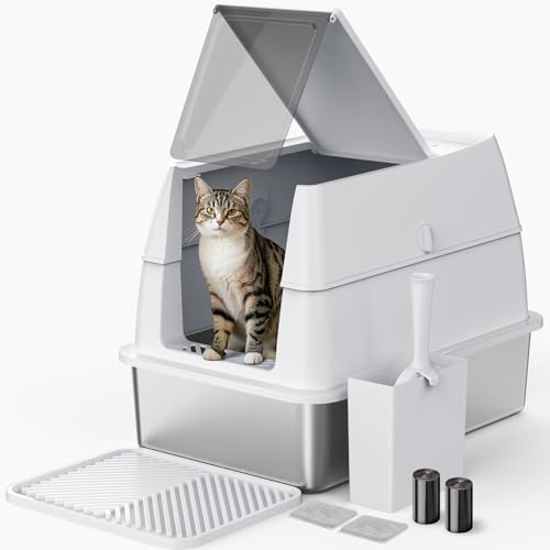 FURTIME Cat Litter Box High Sided Stainless Steel Litter Tray with Lid, 60cm Enclosed Metal Extra Large Litter Tray for Big Cat, Enclosed and Open Type Dual-Use, 60x40x45cm
