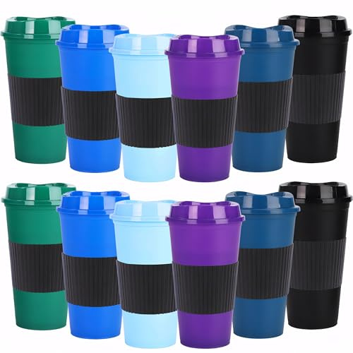 Yisituo Lot de 12 gobelets à café avec couverture - 486 ml - En plastique - Réutilisables - Pour la voiture et les déplacements (12, couleur foncée)
